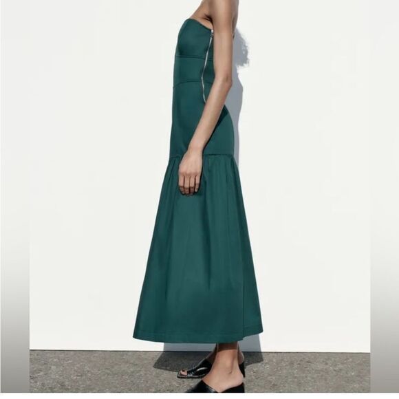 NWT ZARA GREEN TOPSTITCHED STRAPLESS MAXI DRESS size small - Picture 3 of 16